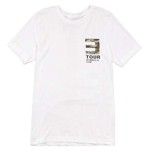 EM-SMMR18.USA-EUR CAMO E T-SHIRT Белая футболка с небольшим логотипом тура Эминема на груди и датами концертов на спине.