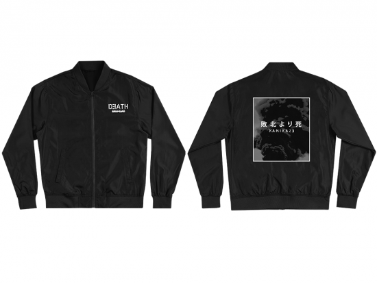 This is a pre-order and is expected to ship in 4-5 weeks.  Exclusive and limited Kamikaze merchandise.  Unisex lightweight bomber in black. White text printed on front left chest and gray scale image printed on back.