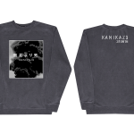 This is a pre-order and is expected to ship in 4-5 weeks.  Exclusive and limited Kamikaze merchandise.  Unisex midweight pigment dyed crew neck in Slate. Gray scale image printed on front and white text printed on back.
