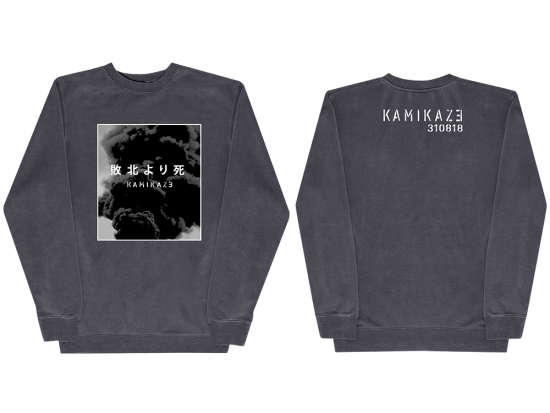 This is a pre-order and is expected to ship in 4-5 weeks.  Exclusive and limited Kamikaze merchandise.  Unisex midweight pigment dyed crew neck in Slate. Gray scale image printed on front and white text printed on back.