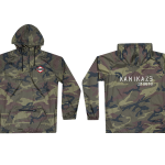 This is a pre-order and is expected to ship in 4-5 weeks.  Exclusive and limited Kamikaze merchandise.  Lightweight water resistant camo poncho in green. Multi-color patch on front left chest and white text printed on back.