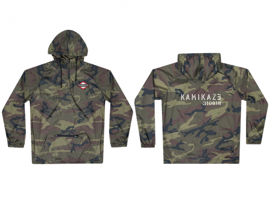 This is a pre-order and is expected to ship in 4-5 weeks.  Exclusive and limited Kamikaze merchandise.  Lightweight water resistant camo poncho in green. Multi-color patch on front left chest and white text printed on back.