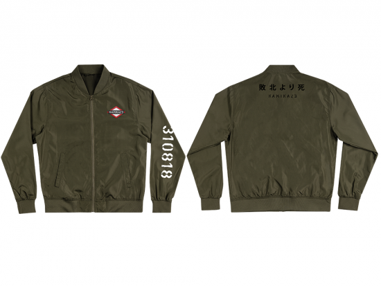 This is a pre-order and is expected to ship in 4-5 weeks.   Exclusive and limited Kamikaze merchandise.  Unisex lightweight bomber in military green. Multi-color patch on front left chest, white text printed on left arm, and black text printed on back.