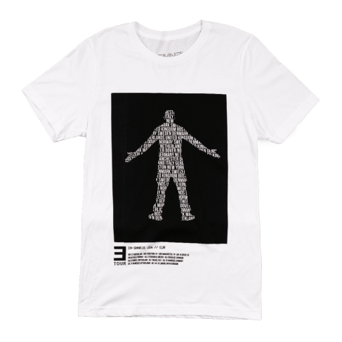 EM-SMMR18.USA-EUR RAP GOD T-SHIRT Белая футболка с текстовым логотипом «Rap God» и графиком тура внизу.