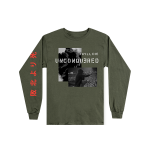 This is a pre-order and is expected to ship in 4-5 weeks.  Exclusive and limited Kamikaze merchandise. Live photo shot by Jeremy Deputat.  100% cotton long sleeve t-shirt in green. Gray scale image printed on front with red text printed on right arm.