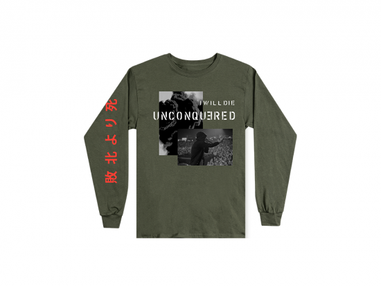 This is a pre-order and is expected to ship in 4-5 weeks.  Exclusive and limited Kamikaze merchandise. Live photo shot by Jeremy Deputat.  100% cotton long sleeve t-shirt in green. Gray scale image printed on front with red text printed on right arm.