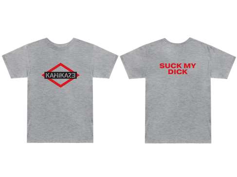 This is a pre-order and is expected to ship in 4-5 weeks. Exclusive and limited Kamikaze merchandise. Kamikaze logo printed on the front chest centered and explicit text printed in red on the center back of a heather gray t-shirt.