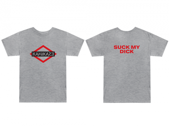  This is a pre-order and is expected to ship in 4-5 weeks.   Exclusive and limited Kamikaze merchandise.  Kamikaze logo printed on the front chest centered and explicit text printed in red on the center back of a heather gray t-shirt.