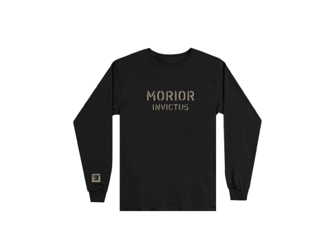 This is a pre-order and is expected to ship in 4-5 weeks. Exclusive and limited Kamikaze merchandise. Morior Invictus (Latin for "Death Before Defeat") printed in sandstone on front chest center with E logo printed on right wrist of a black long sleeve shirt.