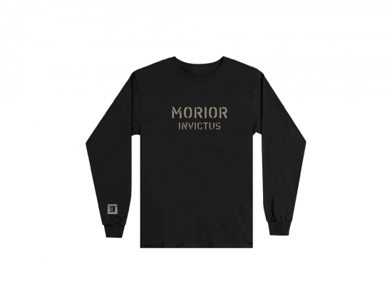 This is a pre-order and is expected to ship in 4-5 weeks.   Exclusive and limited Kamikaze merchandise.  Morior Invictus (Latin for "Death Before Defeat") printed in sandstone on front chest center with E logo printed on right wrist of a black long sleeve shirt.