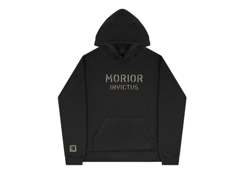 This is a pre-order and is expected to ship in 4-5 weeks. Exclusive and limited Kamikaze merchandise. Morior Invictus (Latin for "Death Before Defeat") printed in sandstone on front chest center with E logo printed on right wrist of a black hoodie.