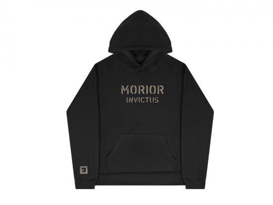  This is a pre-order and is expected to ship in 4-5 weeks.   Exclusive and limited Kamikaze merchandise.  Morior Invictus (Latin for "Death Before Defeat") printed in sandstone on front chest center with E logo printed on right wrist of a black hoodie.