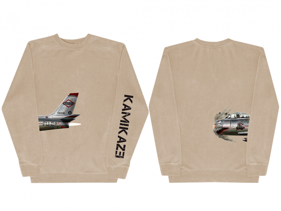 This is a pre-order and is expected to ship in 4-5 weeks.  ﻿Exclusive and limited Kamikaze merchandise.  Plane from the official Kamikaze album art wraps around the right side with Kamikaze printed in black on the left arm of a sandstone crew neck.